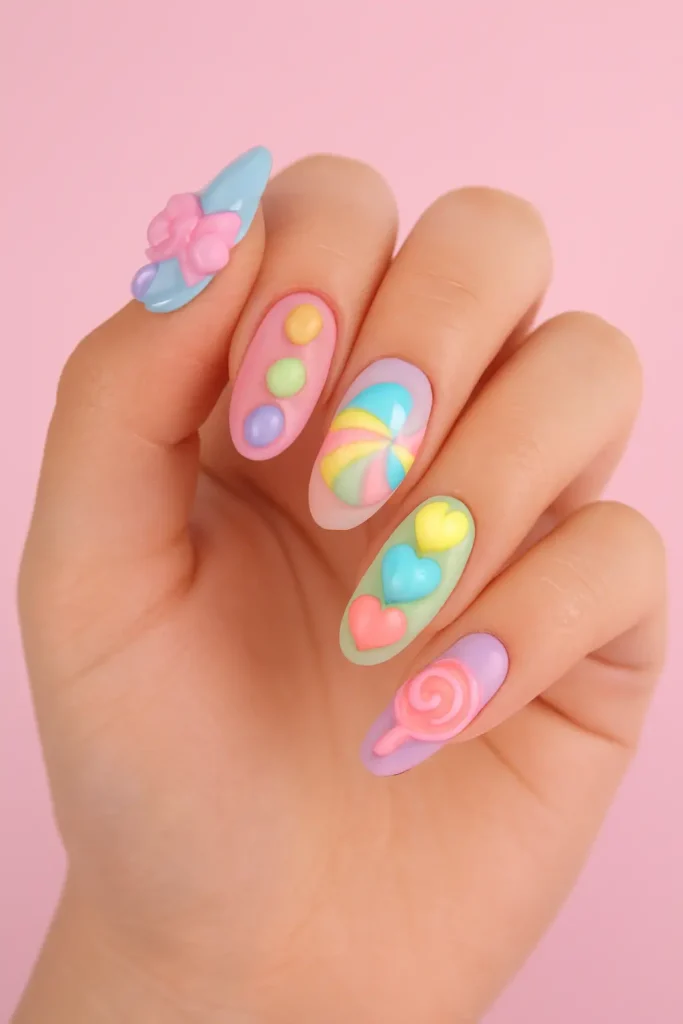 Cute Candy-Inspired 3D Nails