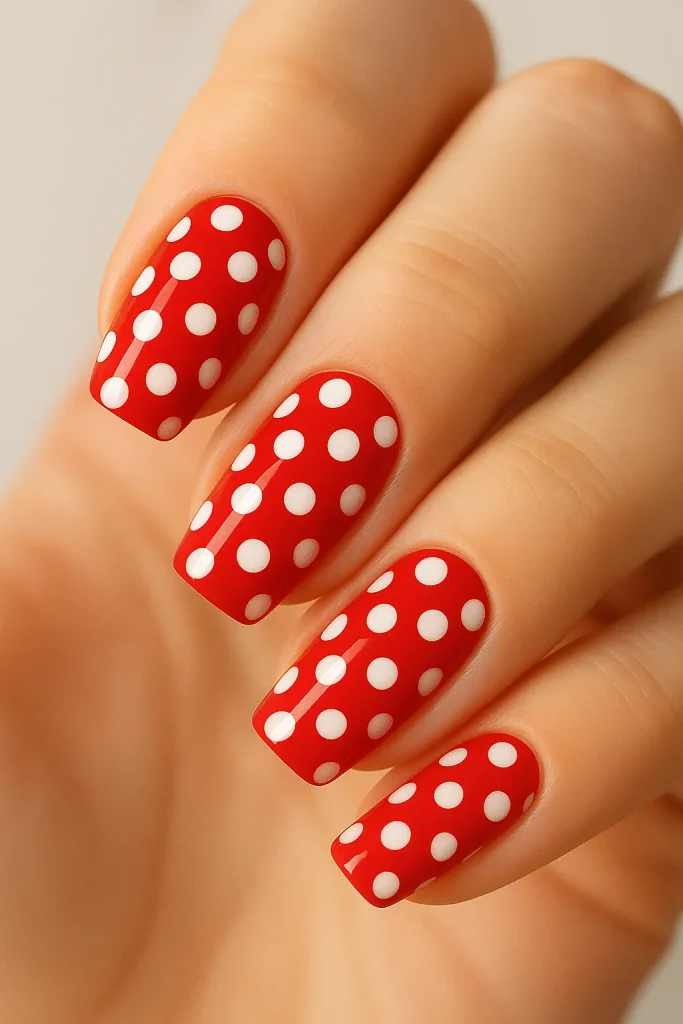 Red Nails with White Polka Dots
