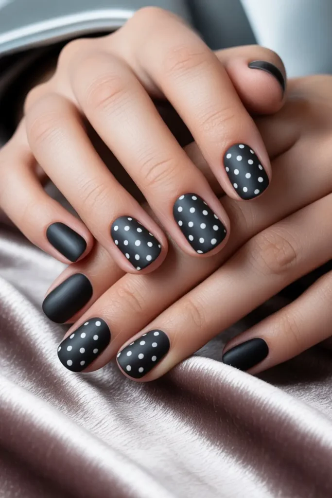 Matte Black Nails with White Dots