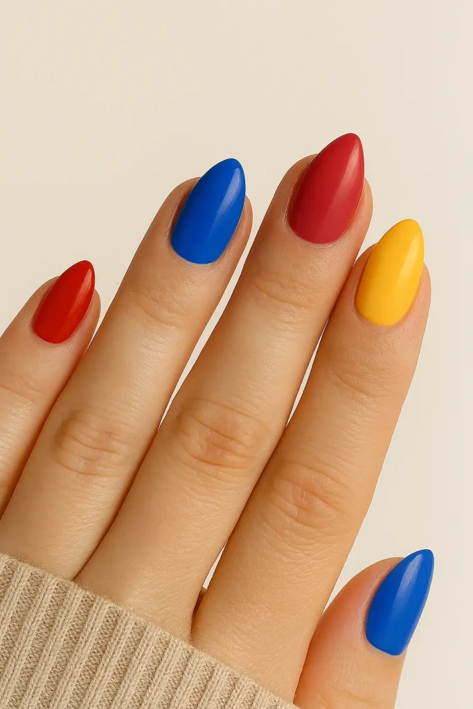 Short Almond Nails with Bold Colors