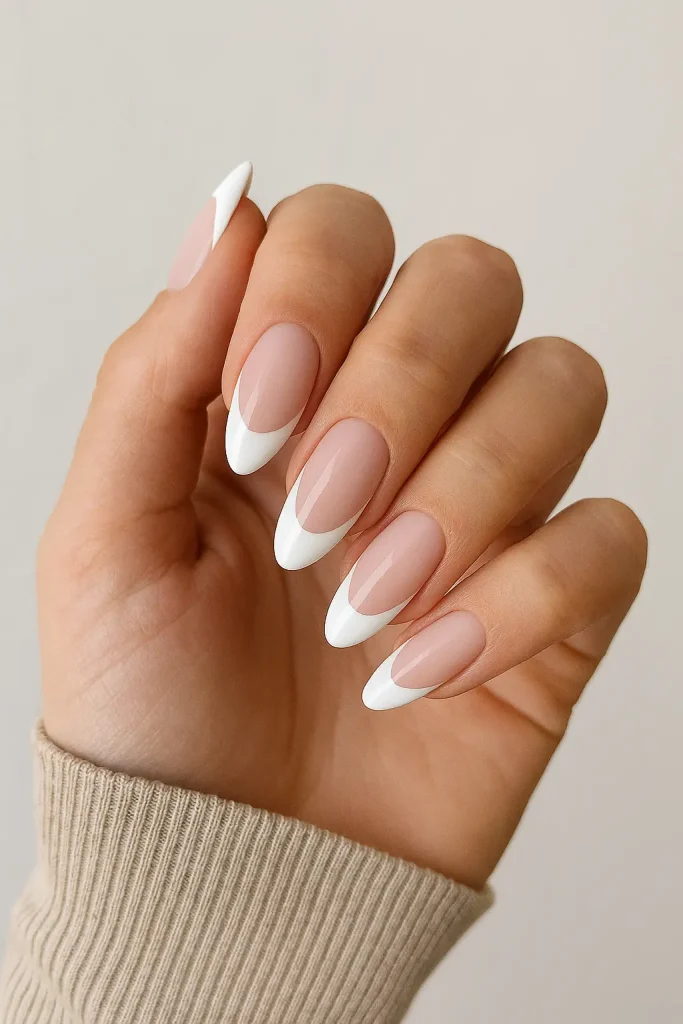 Chic French Tips on White Almond Nails
