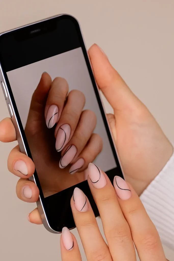 Minimalist Line Art Almond Nails