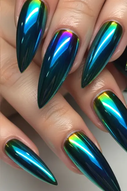 Holographic Chrome Stiletto Nails