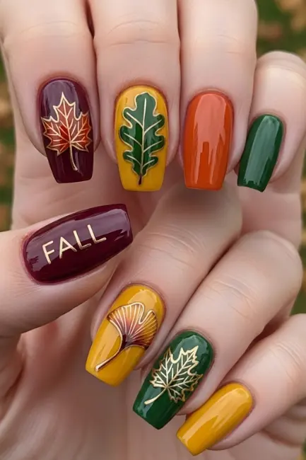 Short Fall Nails with Leaf Designs