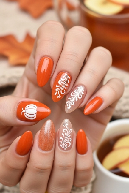 Almond Nails with Pumpkin Orange Vibes