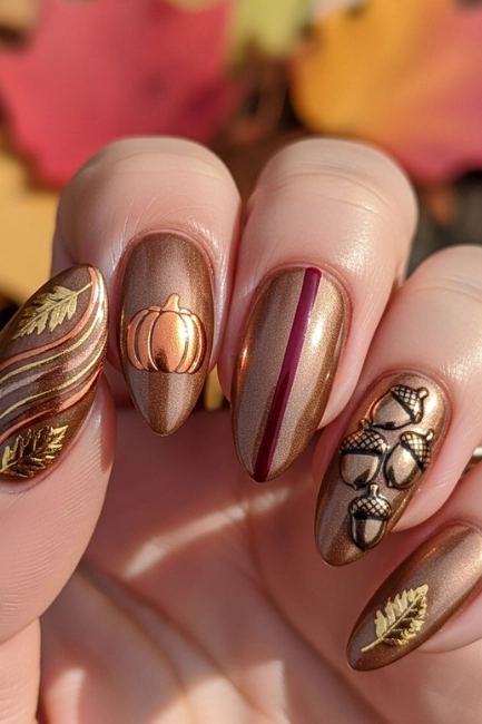 Metallic Almond Nails with a Fall Twist