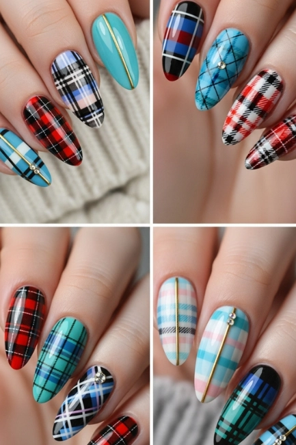 Plaid Nail Art on Almond Nails