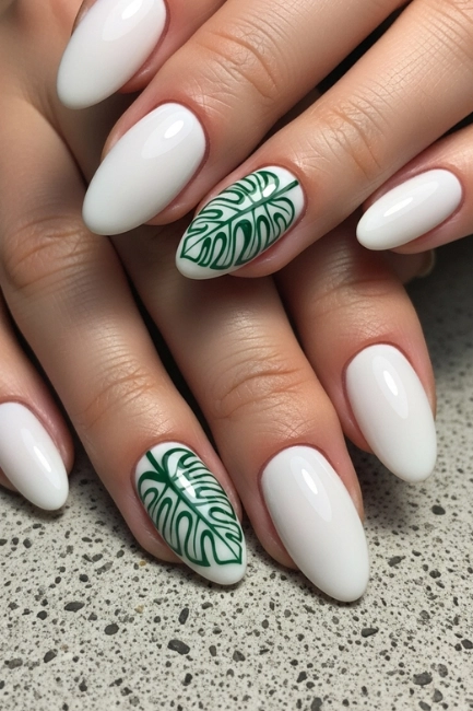 Almond Nails with Leaf-Inspired Art