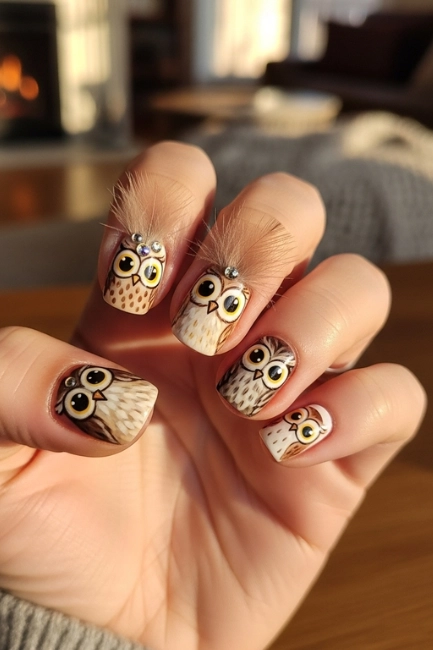 Owl-Themed Fluffy Nails
