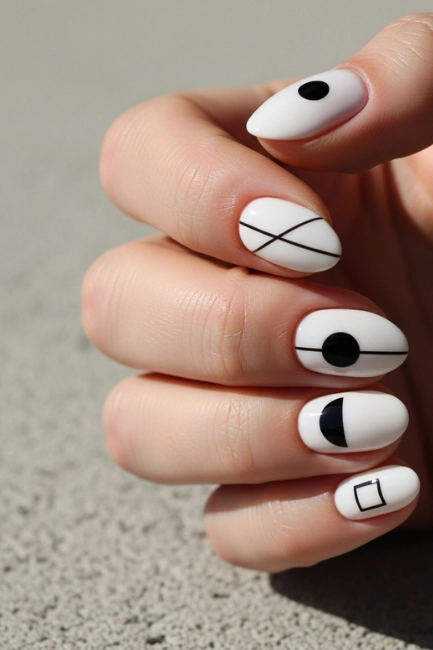 Minimalist Black and White Abstract Short Nails