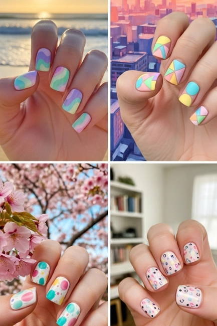 Colorful Pastel Abstract Patterns on Short Nails