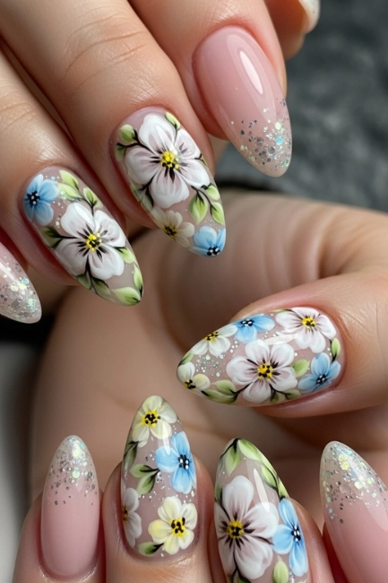 Almond Nails with Floral Patterns