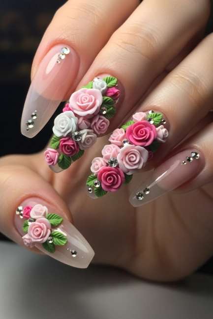 3D Floral Nail Art with Sculpted Roses