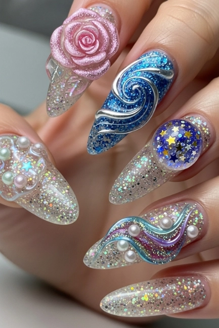 Glitter-Infused 3D Nail Designs
