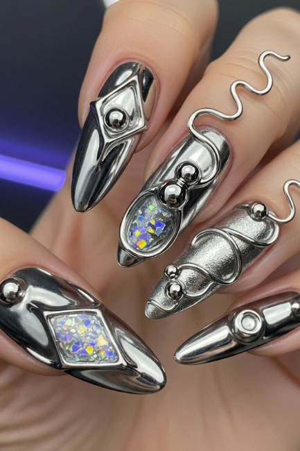 Metallic 3D Nail Art for Futuristic Vibes