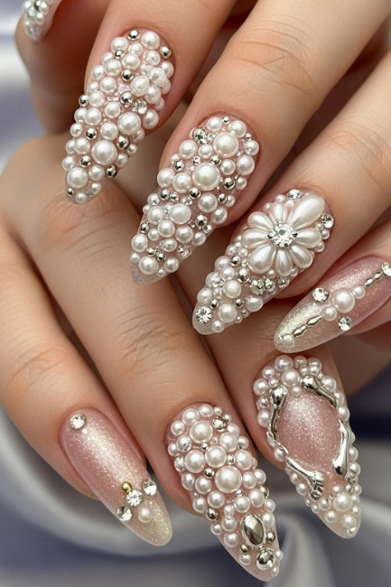 Pearl-Studded 3D Nail Art