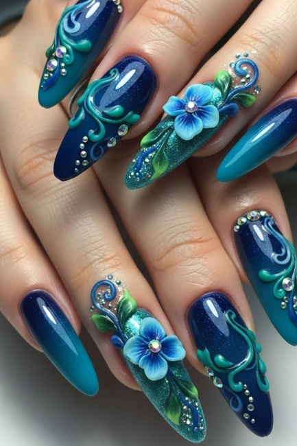 Ombre 3D Nail Art with Sculpted Accents
