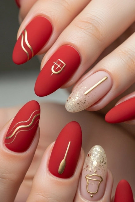 Matte Red Nails with Subtle Gold Details