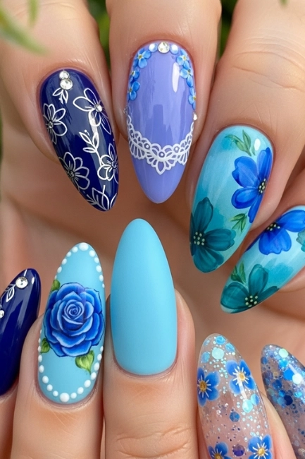 Blue Floral Garden Nails