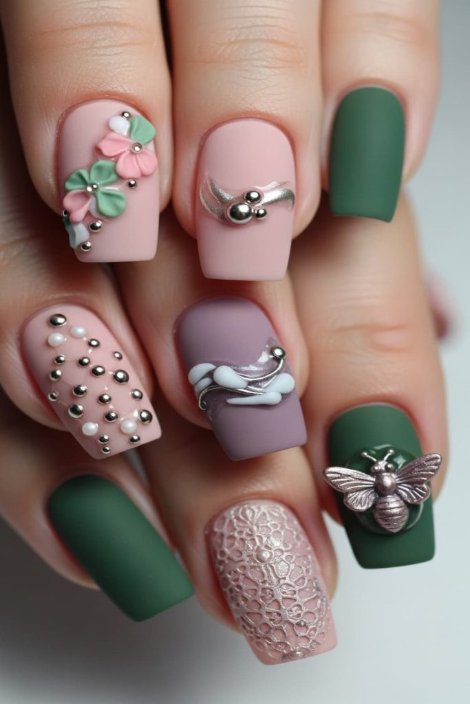 Matte Coffin Nails with 3D Accents