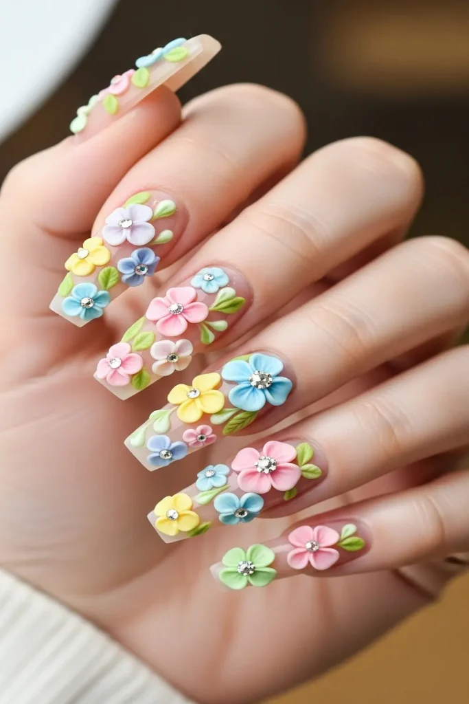 Floral 3D Coffin Nails
