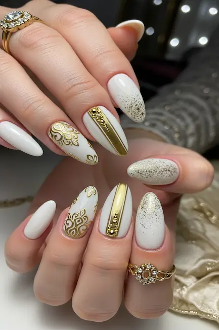 White and Gold Luxury Nails