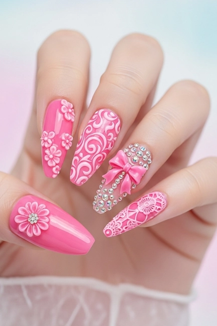 Long Pink 3D Nails