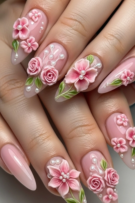 Pink 3D Floral Nail Designs