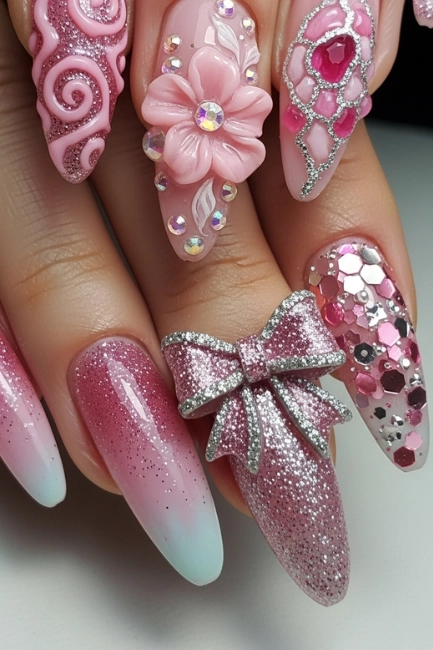 Glittery Pink 3D Nail Designs