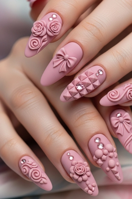 Matte Pink 3D Nail Designs