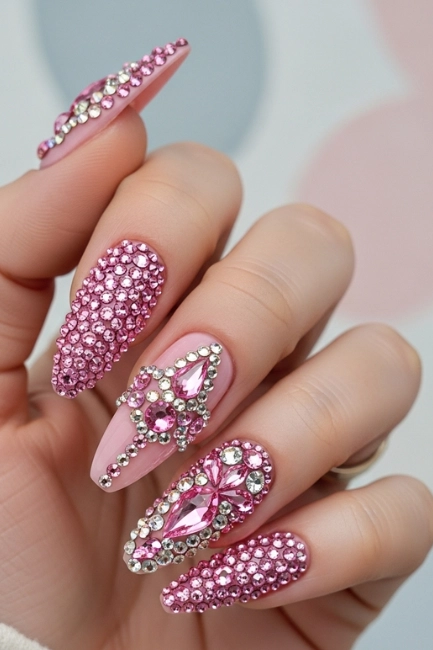 Pink 3D Rhinestone Nails