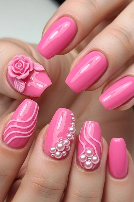 Short Pink 3D Nails