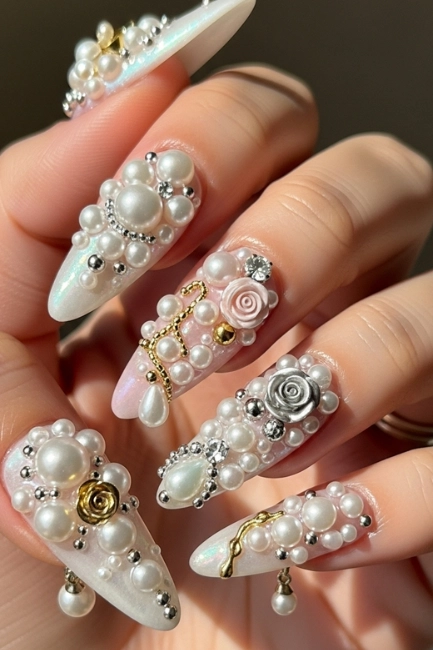 Pearl-Encrusted 3D Nails