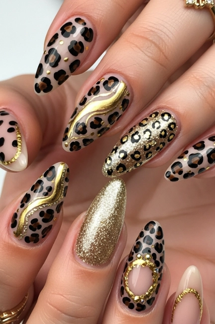 Gold Accent Leopard Nails