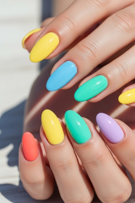 Short Almond Nails with Summer Colors