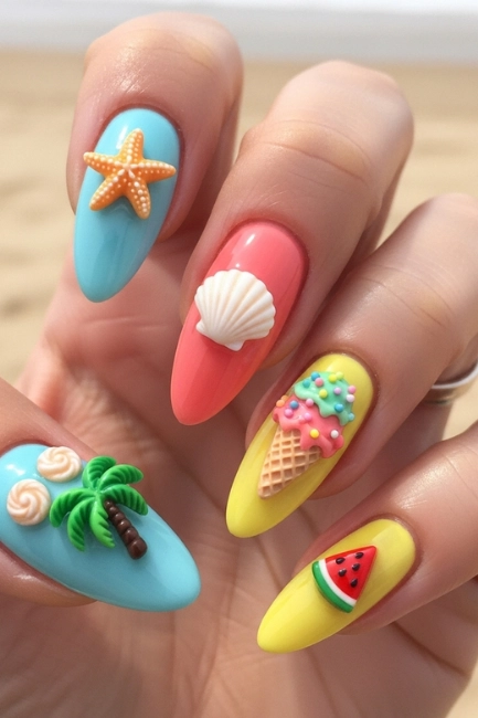 Almond Nails with 3D Summer Charms