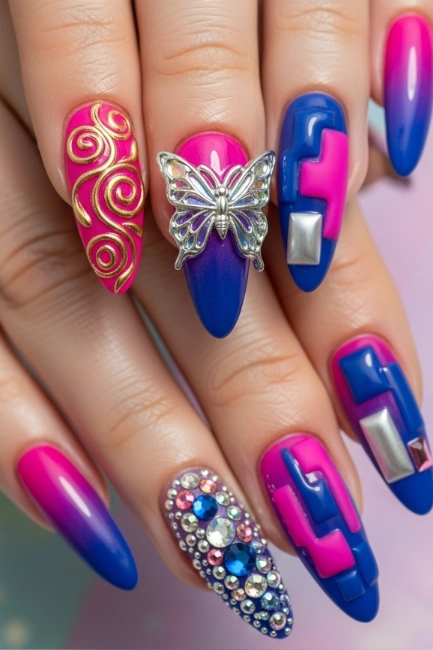 Vibrant Ombre Nails with Bold 3D Designs