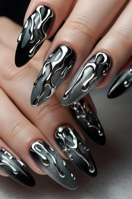 3D Chrome Accents on Dark Ombre Nails