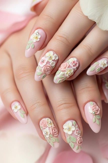 Elegant Floral 3D Nail Art for a Feminine Touch