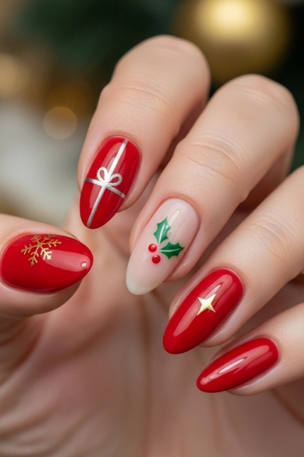 Classic Red Almond Nails with a Holiday Twist