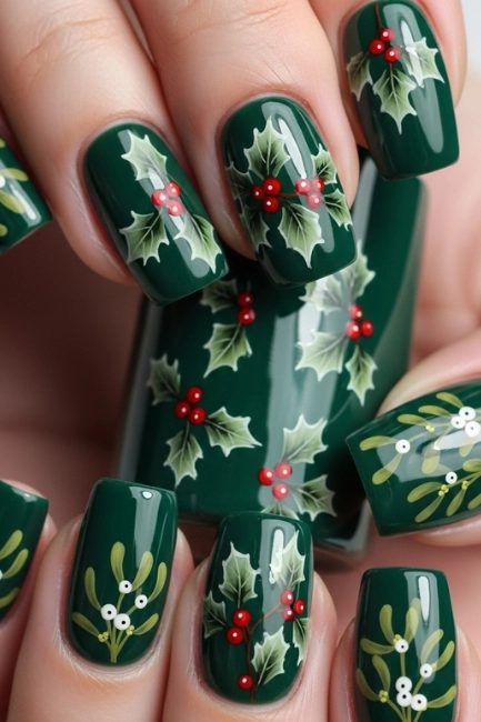 Holly and Mistletoe Nail Details
