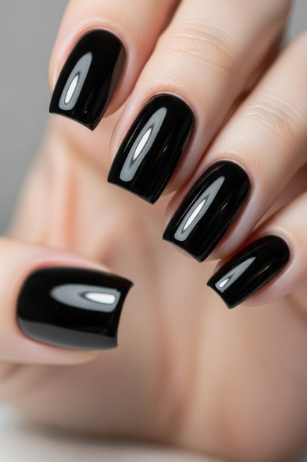 Glossy Black Short Ballerina Nails