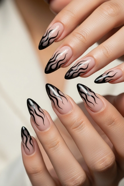 Black Flames on Almond Tips for a Fiery Trend Moment