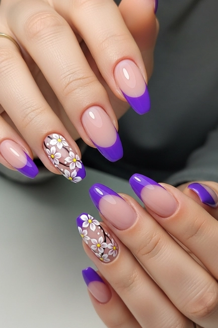 Purple French Tips with Floral Accents