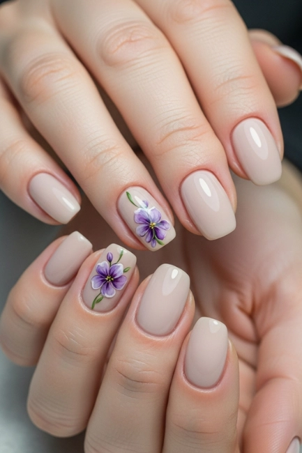 Purple Flower Accent Nails for Minimal Style Lovers