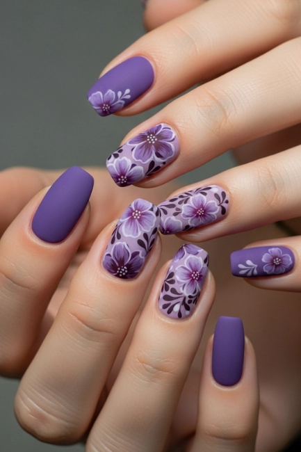 Matte Purple Floral Nails for a Soft, Velvety Finish