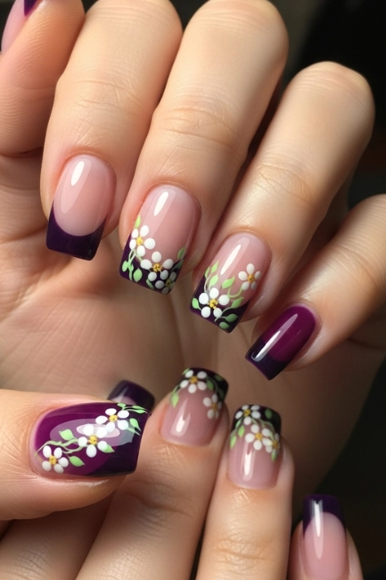 Purple French Tips with a Floral Twist