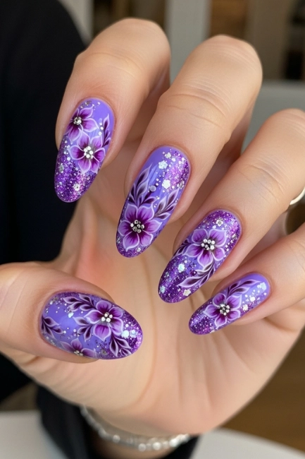 Glitter Purple Floral Nails for a Sparkling Finish