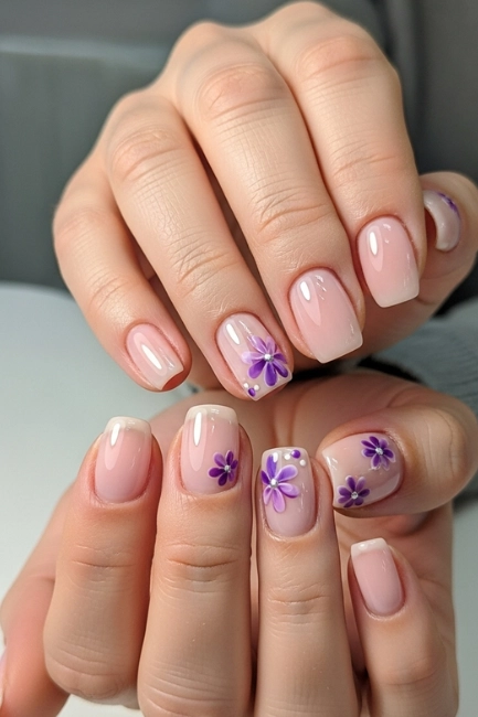 Minimal Purple Flower Accent Nails for a Clean & Subtle Manicure