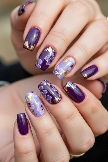 Purple Flower Nails with Gold Foil Touches